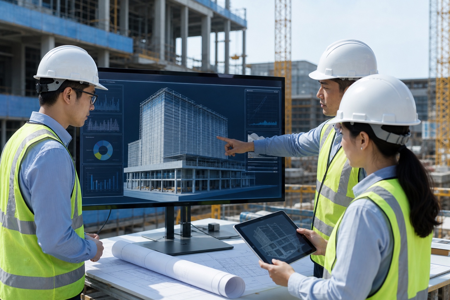 工程师在大型建筑工程现场查看 BIM 三维建筑模型