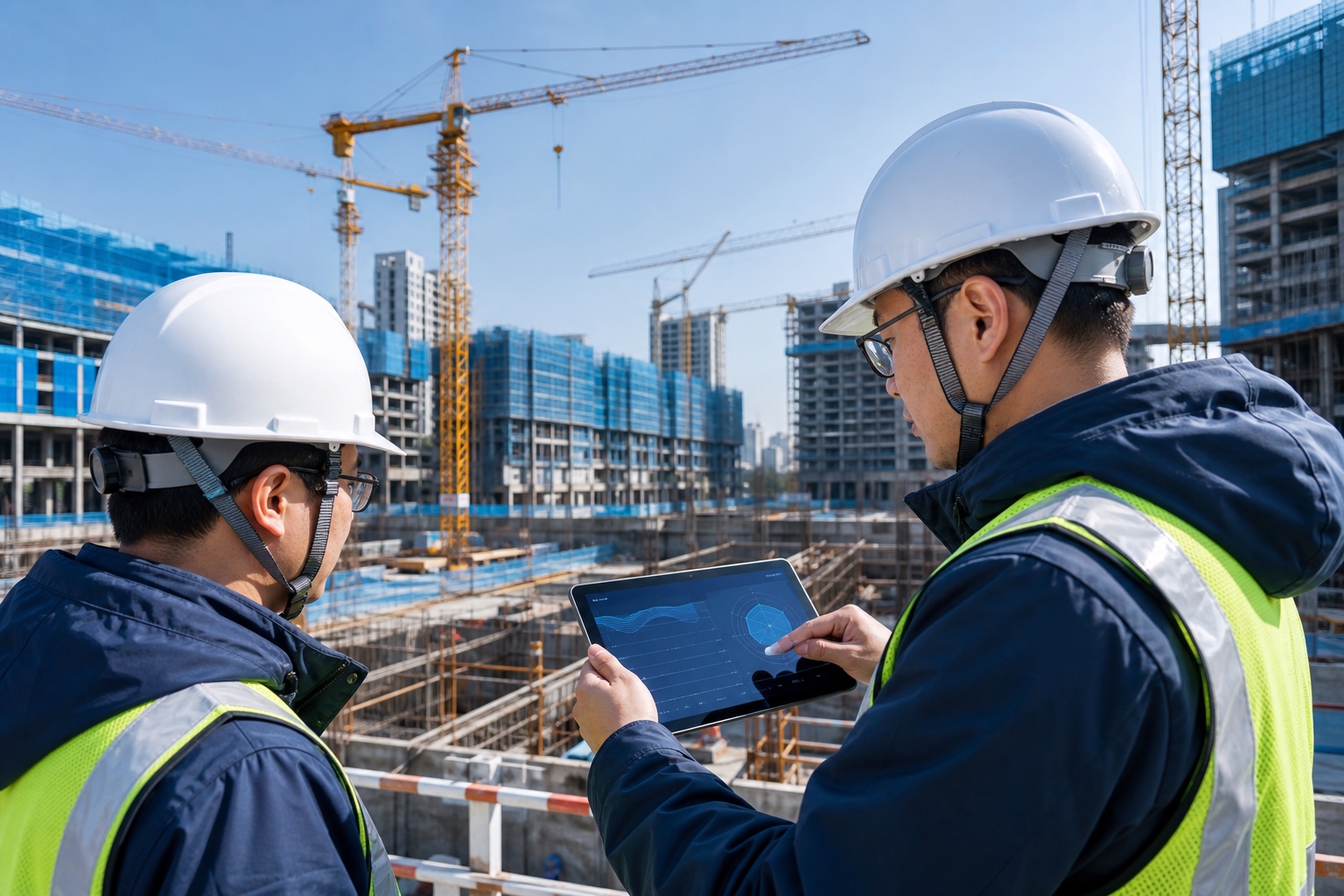建筑施工现场安全监管人员使用数字设备检查安全风险